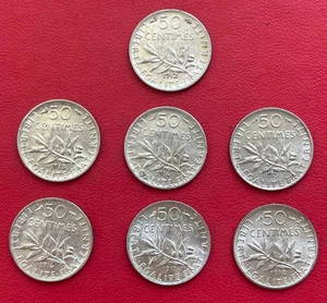 Frankreich. Schönes Lot von 7 Silbermünzen 50 Cent Sämaschine von 1912 bis 1918 - Bild 1 von 2