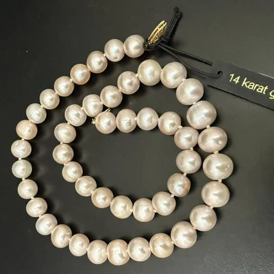 14K 585 Gold Clasp 9mm Ivory Cream Freshwater Cultured Pearl 17” Necklace 48.6g. - Image 1 of 4