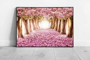 Romantic Pink Floral Path Framed Wall Art Print - Boho Home Decor for Bedroom, - Picture 1 of 10