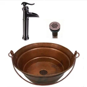 15" Copper Vessel Bucket Bath Sink in Natural Patina 13" Faucet & Grid Drain - Picture 1 of 6