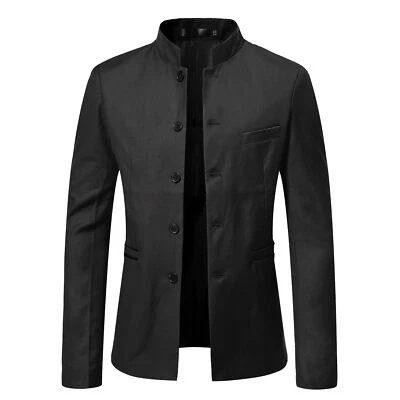 Men's solid color stand collar suit jacket slim Button Chinese tunic suit Coat - Image 1 of 4
