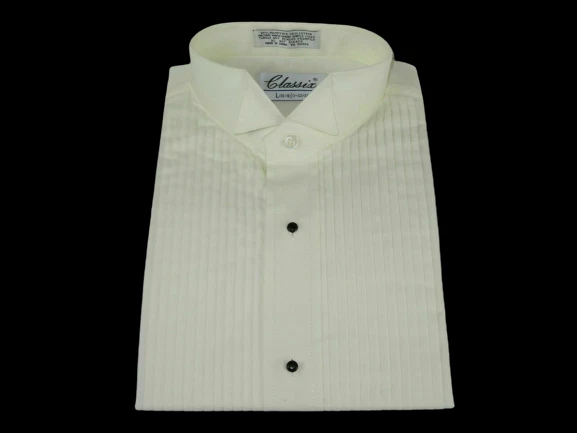 Boys Used Ivory Tuxedo Shirt Wing Pleated Tux Poly Cotton Blend TUXXMAN - Image 1 of 2