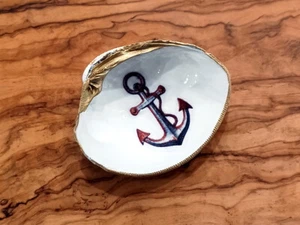 Nautical Anchor Decoupage Clam Shell Trinket Dish in Gold, White, & Red Design - Picture 1 of 6