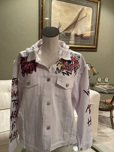 Blue B Collection Distressed White Jean Jacket wi/Screen Print Size L #1690J-12 - Picture 1 of 9