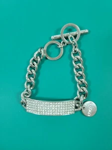 Chico's Pave Rhinestone Crystal ID Toggle Silver Tone Bracelet 7.5”- 8.5” - Picture 1 of 10