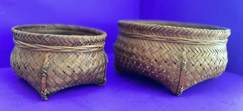 Set of 2 Vintage Hand Woven Dark Brown Storage Home Decor Asian Chinese Baskets Cover