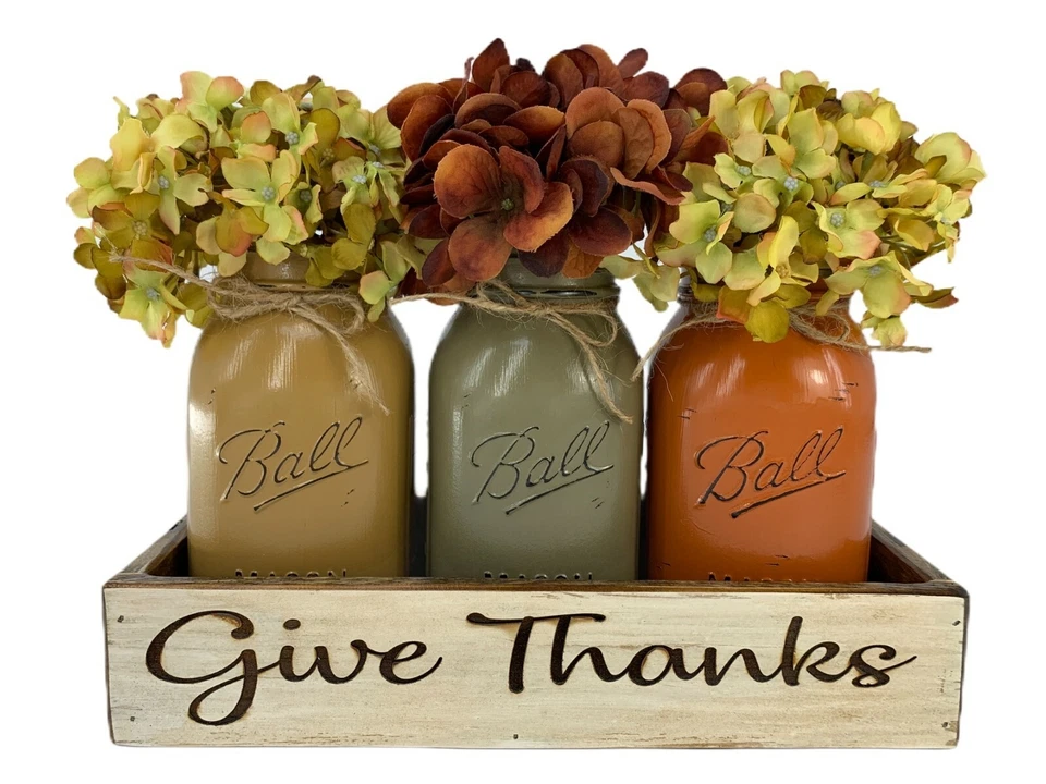 Fall Mason Ball Quart Jars in Engraved GIVE THANKS White Tray Centerpiece Set - Image 1 of 1