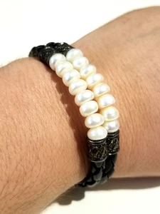 **Bracciale nuovo grosso 925 sterling perle vere e pelle intrecciata** - Foto 1 di 10