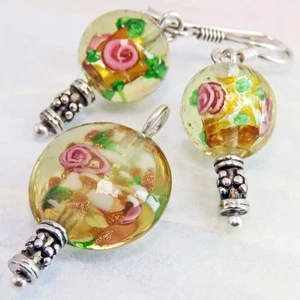 Lovely Sterling Silver Floral Glass Bead Earrings & Pendant  By SoniaMcD - Picture 1 of 10