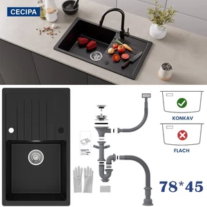 78X45cm Granitspüle Küchenspüle Granit Siphon Einbauspüle Spülbecken Küche Spüle - Bild 1 von 13