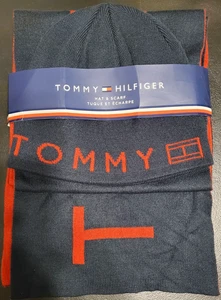 Tommy Hilfiger Men's Beanie Hat & Scarf Set With Logo Blue & Red FREE SHIP! - Picture 1 of 5