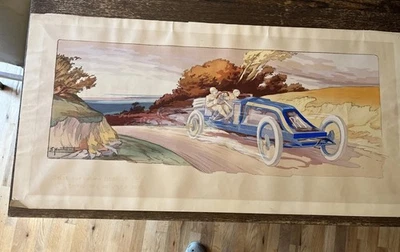 Antigua litografía francesa "Sur Voiture Renault" 1907 Ernest Montaut 35” por 17” Foto 1 de 4