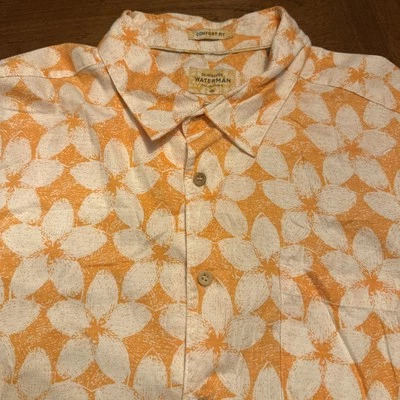 Quiksilver Waterman Button Up Shirt Mens L Orange Comfort Fit White Florals - Image 1 of 4