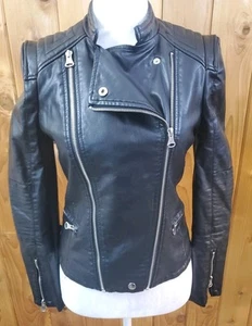 ZARA 100% Leather Moto Jacket Black Sz Small Zippers Fitted - Picture 1 of 12