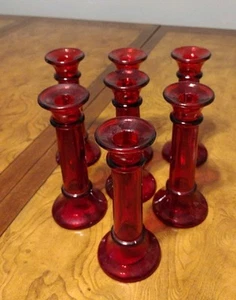 7 VNTG Indiana Glass #6222 Ruby Red 7”T Candle-lite Pillar Taper Candle Holders - Picture 1 of 3