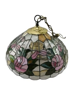 Vintage Leaded Stained Glass Floral Lamp Light Shade Slag Glass LARGE HEAVY  - Image 1 of 4