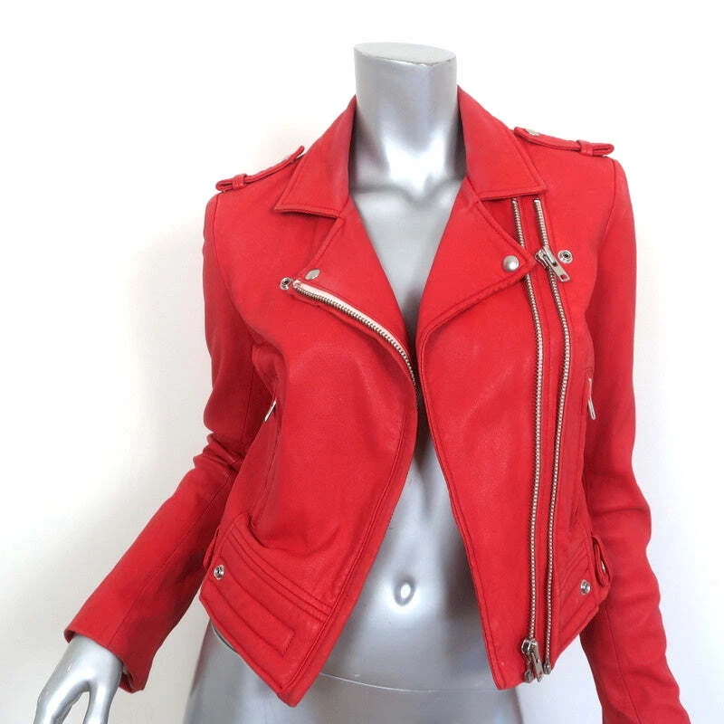 IRO Luiga Leather Biker Jacket Red Size 40 Cropped Moto Jacket - Image 1 of 4