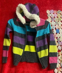 Basic Editions Sweater Jacket Black Multicolor Stripe Silver Glitter Size M 7/8 - Picture 1 of 6