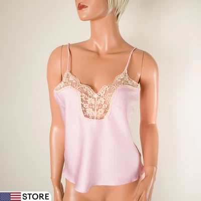💖 VTG VICTORIA'S SECRET Gold Crown Logo Silky Satin S Pink Camisole Tank Lace - Image 1 of 4