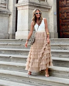 Women Layered Tiered Tulle Maxi Skirt Sheer Mesh A Line Skirt Flared Elastic - Imagen 1 de 19