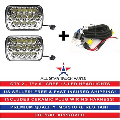 7x6" inch 15 LED H6054 Headlights & Relay Harness High/Low Beam 6000K 45W -Pair - Image 1 of 4