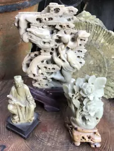 Antique vintage Chinese carved soapstone figures dragon flowers wiseman statue - Picture 1 of 22