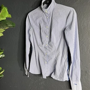 Harmont & Blaine Shirt Womans 38 Blue Button Long Sleeve High Neck Dachshund Dog - Picture 1 of 16