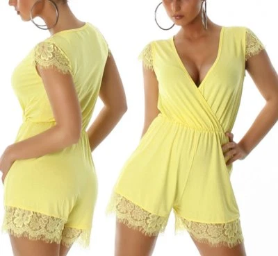 Sexy Damen Clubbing Shorty kurz Spitze Overall Hose Einteiler 34 36 38 gelb Neu - Bild 1 von 4
