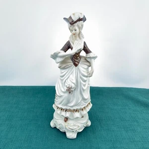 VTG Victorian Lady Ceramic Figurine Brown Lace Up Corset Dress Gold Accents - Picture 1 of 8
