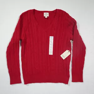 St. Johns Bay V-Neck Sweater Womens SZ PL Red Cable Knit Long Sleeve Pullover - Picture 1 of 9