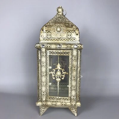 Pier 1 Decorative Metal Tabletop Lantern Candle Holder Whitewashed Antique Gold - Image 1 of 4