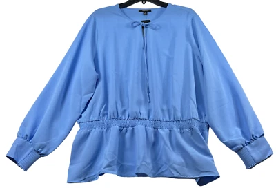 Alfani Blouse Plus size 3x Blue Long Sleeve Vneck Smocked Peplum New - Image 1 of 4