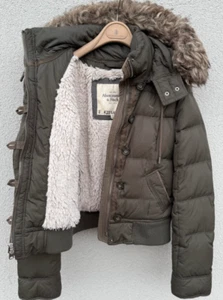 VTG Y2K Abercrombie and Fitch Women's M Khaki Jacket Parka Hooded Faux Fur Trim - Picture 1 of 18