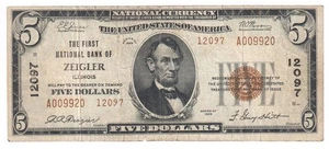1929 5 $ T2 The First NB of Zeigler, Illinois Ch12097 Sehr schön/Klammer entfernt Y00013849 - Bild 1 von 2