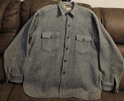 Vintage 50s 60s LL Bean 100% Wool Button Down Shirt Blue Herringbone XL  READ!!! - Image 1 of 4