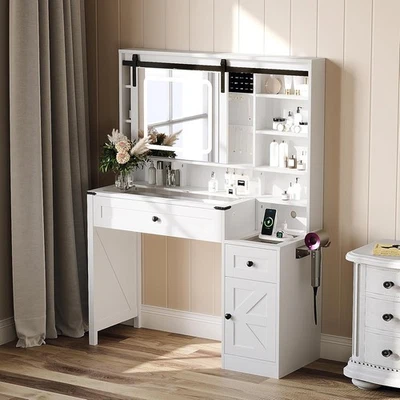 Juego de tocador de maquillaje con espejo iluminado LED, organizador de joyas para puerta corredera de granero Foto 1 de 4