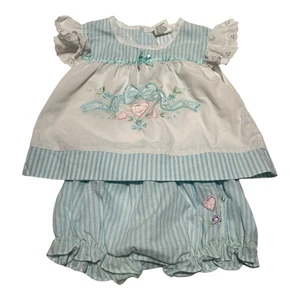 Vintage Little By Little Baby Mädchen 24 Monate blau gestreift Applikation Kleid Herz - Bild 1 von 6