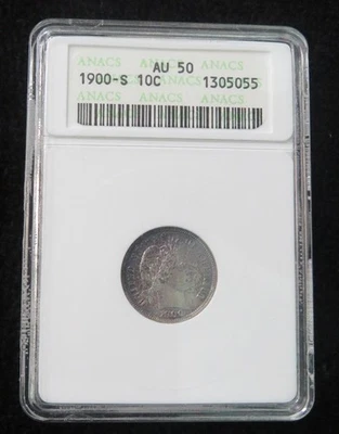 Moeda de dez centavos de barbeiro 1900-S * ANACS 50 * Linda com um tom colorido - Imagem 1 de 4