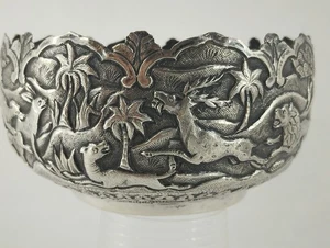 Seltene antike Silberschale mit detaillierten Dschungel Wildtiere Jagdszenen - Bild 1 von 15