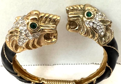 Pulsera Donald Stannard Incrustada Doble Cabeza de León Bisagras Esmaltada Ojos Verdes Foto 1 de 4