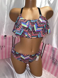 Victorias Secret PINK Swim Suit Flounce Cagey Back Small Neon Aztec Print - Picture 1 of 3