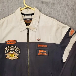 Harley Davidson Bomber Jacket Denim Sz Large HOG Ultra Classic Patches Two Tone - Picture 1 of 11
