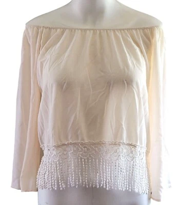 Y2K AGaci Off-Shoulder Blouse M Cream Pearl Drop Lace Fringe Made in USA Fairy - Image 1 of 4