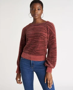 ANN TAYLOR Fuzzy Tiger Print Cropped Sweater, Nylon, Chestnut, Size L, NWT - Picture 1 of 7