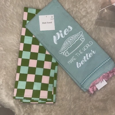 Kitchen Dish Towels Pink & Green Pies Make The World Better 2ct NWT - Image 1 of 3