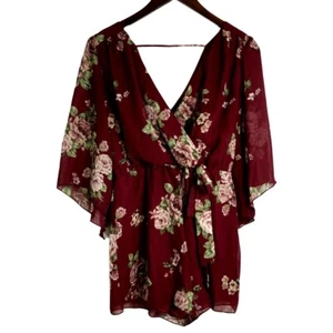 Rue21 3/4 Sleeve Floral Dress Shorts Mini Overall Size S Burgundy Floral - Picture 1 of 10