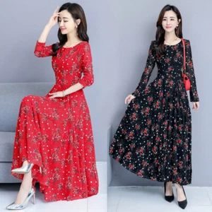 Women Dress A-Line Scoop Neck Floral Chiffon Long Sleeve Maxi Long Sundress Chic - Foto 1 di 9