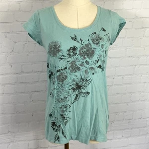 DKNY XS Blue Black Floral Graphic Scoop Neck Short Sleeve Top - Picture 1 of 6