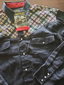 Vintage Rustler Wrangler Herren Brushpopper Large schwarz Western Druckknopf Hemd Neu mit Etikett - Bild 1 von 5