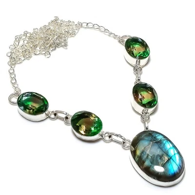 Labradorite, Tormalina Gemma 925 Argento Sterling Gioielli Collana 45.7cm - Immagine 1 di 4
